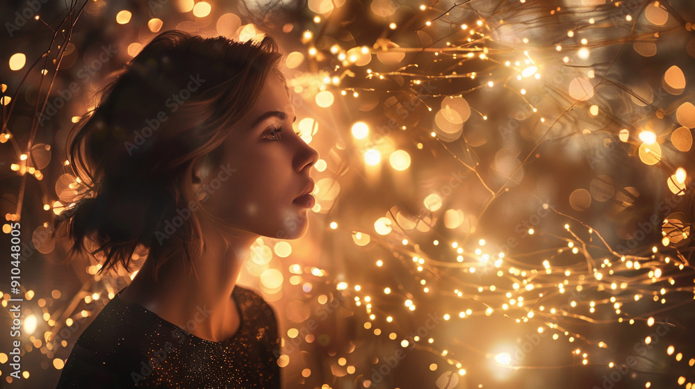 A woman is looking at the camera in a dark room with a lot of light shining on h A woman is looking at the camera in a dark room with a lot of light shining on h
