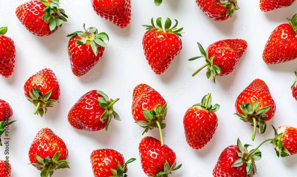 Organic ripe strawberries on white background Top view concept Organic ripe strawberries on white background Top view concept