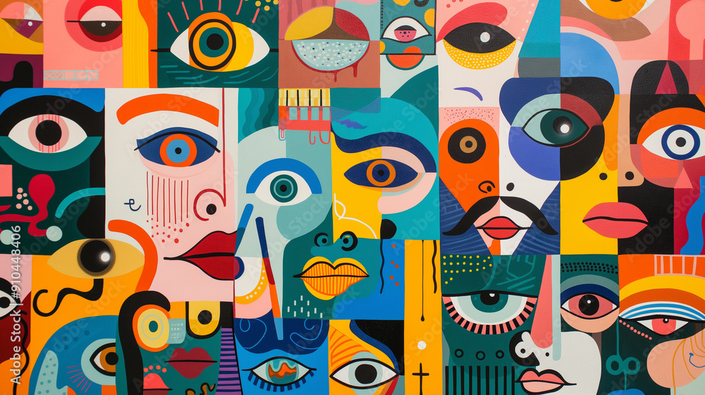 A colorful collage of faces with a variety of expressions and features A colorful collage of faces with a variety of expressions and features