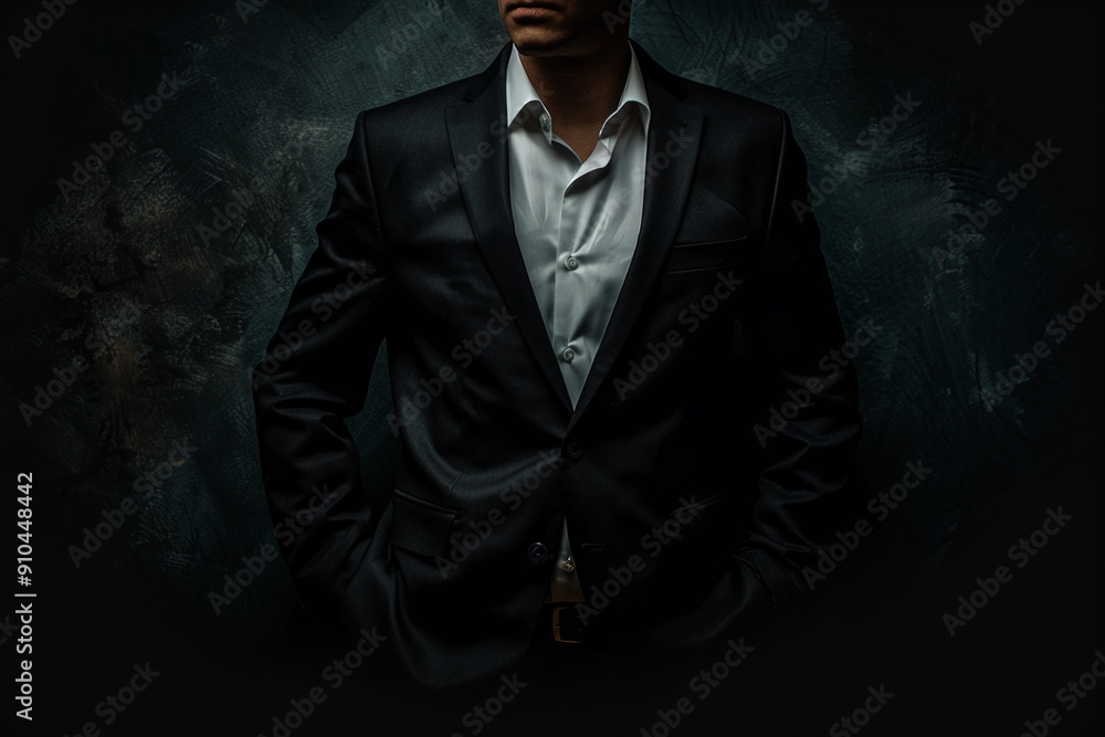 Fototapeta premium A man in a suit is standing in front of a dark background