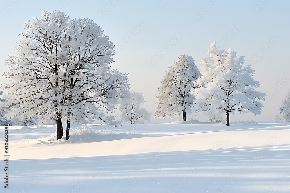 27. A serene winter landscape with snow-covered trees in soft white and grey tones, under a clear, pale blue sky, with gentle shadows creating a sense of calm and quiet. 27. A serene winter landscape with snow-covered trees in soft white and grey tones, under a clear, pale blue sky, with gentle shadows creating a sense of calm and quiet.
