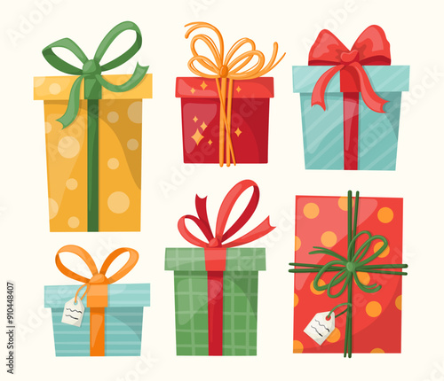Set of vector illustrations of gift boxes and packages. Hand drawn cartoone style. Isolated vector illustration.