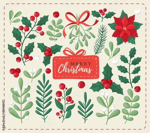 Christmas and winter floral cozy collection. Hand drawn set of poinsettia, leaves, branches, berries, holly. Christmas botanic elements for invitations, cards, textile, fabric, posters, banners.