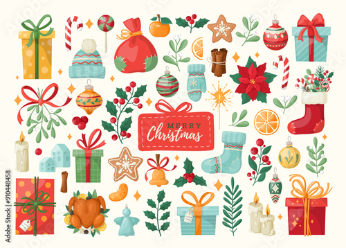 Big cozy collection of Christmas, New Year and winter items. Festive symbols and design elements. Hand-drawn style. Vector elements for sticker pack, banner, card, postcard, cover.