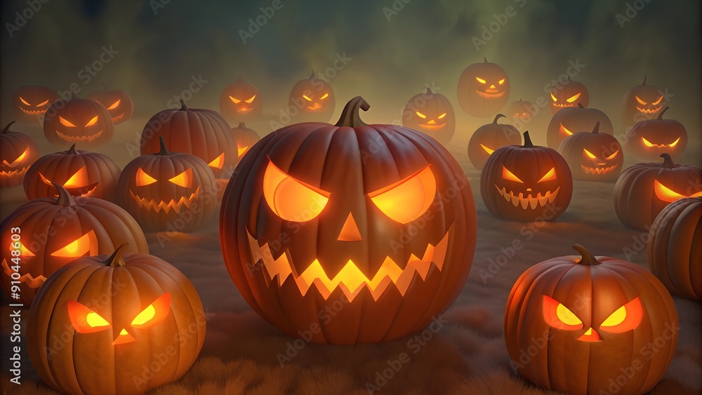 Glowing Jack-O'-Lanterns in a Foggy Night, Halloween Scene Glowing Jack-O'-Lanterns in a Foggy Night, Halloween Scene