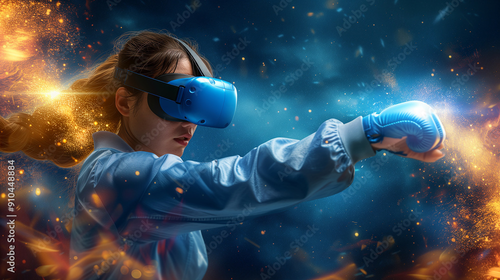 Woman in VR Headset Practicing Boxing With Glowing Fist Woman in VR Headset Practicing Boxing With Glowing Fist