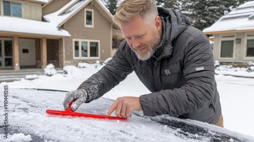 A man uses a brush to remove snow from his car in a suburban neighborhood on a cold winter morning photo