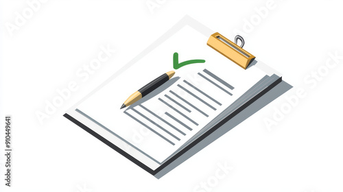 Checklist with pen, application form, survey, document with green checkmark, sheet of paper with checkmark. Vector illustration