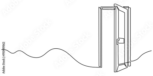 Continuous line of open door on white background. The open door is a concept of new possibilities.  Editable stroke.