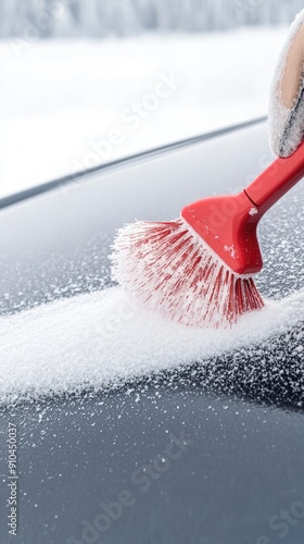 A man uses a brush to remove snow from his car in a suburban neighborhood on a cold winter morning photo