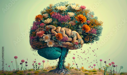 Human Brain Tree Blossoming with Flowers Depicting Self Care and Mental Health Wellness in Surreal Digital Art Concept photo