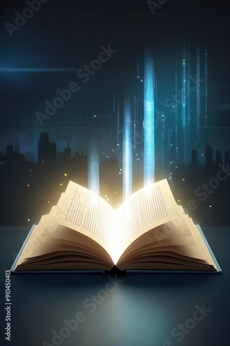 Futuristic Technology Open Book. Representing a lot of knowledge in books.