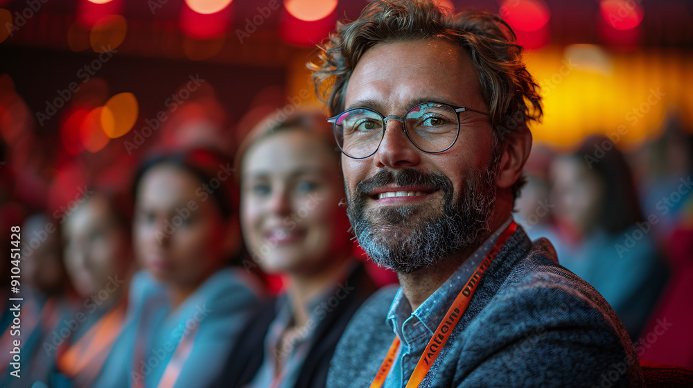 Smiling Man in Glasses at Conference with Blurred Background Smiling Man in Glasses at Conference with Blurred Background