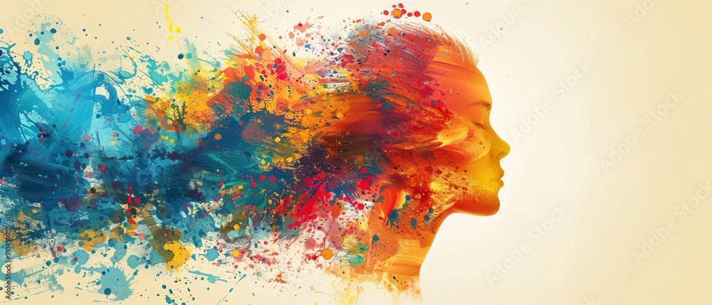© WrongWay - Mental health and creative abstract concept. Colorful illustration of happy womale head in paint splatter style