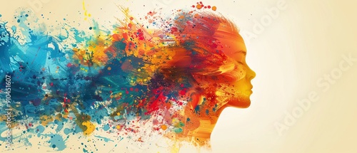 Mental health and creative abstract concept. Colorful illustration of happy womale head in paint splatter style