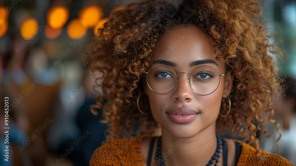 Closeup Portrait of a Young Woman with Curly Hair Wearing Glasses Closeup Portrait of a Young Woman with Curly Hair Wearing Glasses