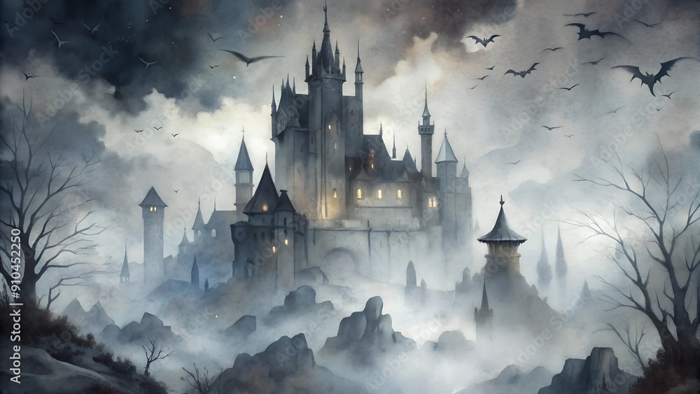 Haunted Gothic Castle Surrounded by Mist and Bats Haunted Gothic Castle Surrounded by Mist and Bats
