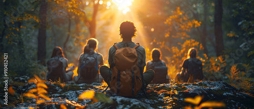 Group of Friends Hiking and Enjoying Nature at Sunset in Forest