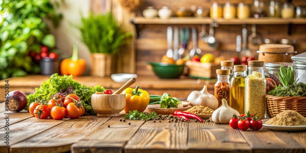 Rustic Kitchen Table with Fresh Ingredients, Wooden Mortar, Spices, and Olive Oil, Kitchen Still Life, Food Photography, Cooking Rustic Kitchen Table with Fresh Ingredients, Wooden Mortar, Spices, and Olive Oil, Kitchen Still Life, Food Photography, Cooking