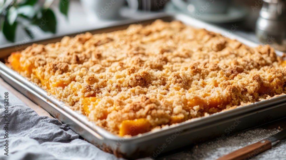Apricot crumble cake on a baking tray, food photography, 16:9 Apricot crumble cake on a baking tray, food photography, 16:9