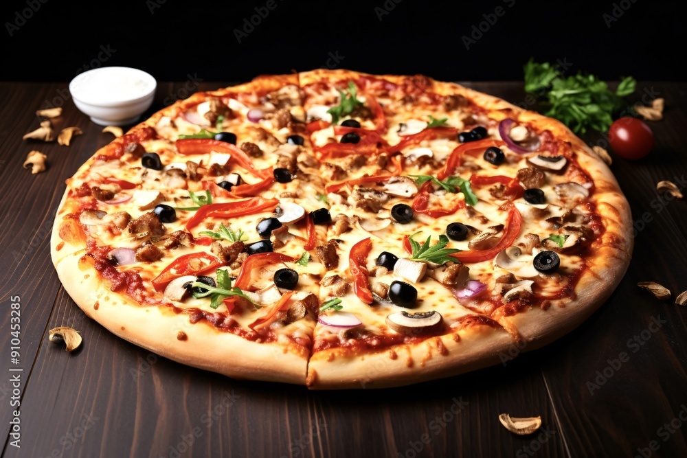 Freshly baked pizza with melted cheese, mushrooms, olives and herbs lying on wooden table Freshly baked pizza with melted cheese, mushrooms, olives and herbs lying on wooden table