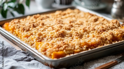 Apricot crumble cake on a baking tray, food photography, 16:9