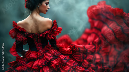 Una bailaora de flamenco morena vestida con un vestido tradicional negro y rojo.