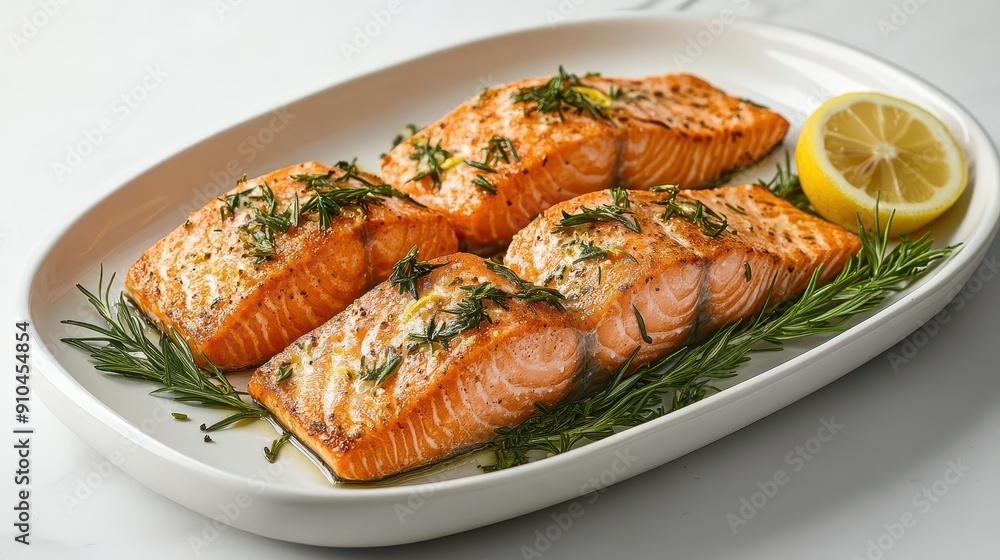 elegant platter showcasing four perfectly baked salmon fillets goldencrusted fish adorned with herbs and lemon arranged artfully on sleek white porcelain elegant platter showcasing four perfectly baked salmon fillets goldencrusted fish adorned with herbs and lemon arranged artfully on sleek white porcelain