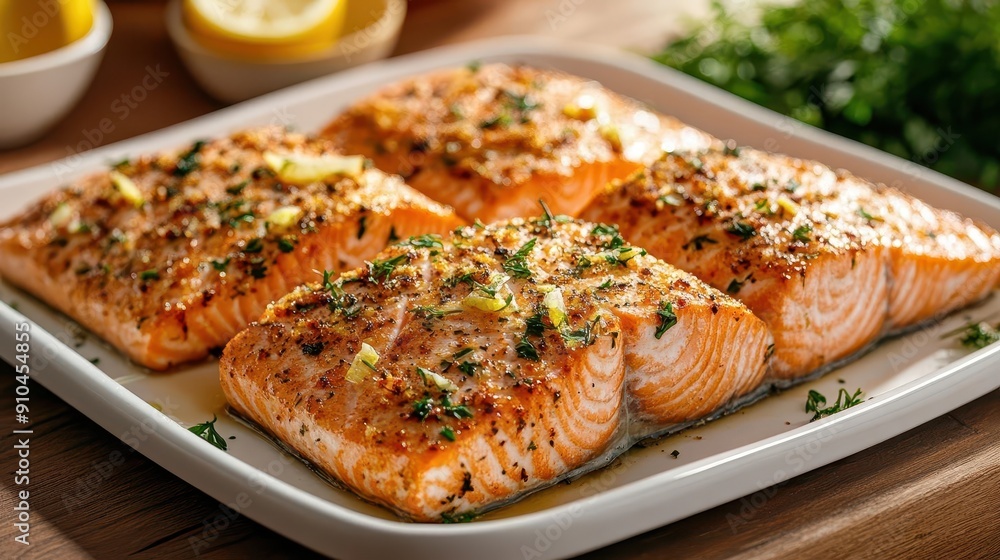 elegant platter showcasing four perfectly baked salmon fillets goldencrusted fish adorned with herbs and lemon arranged artfully on sleek white porcelain elegant platter showcasing four perfectly baked salmon fillets goldencrusted fish adorned with herbs and lemon arranged artfully on sleek white porcelain