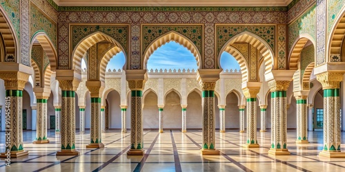 Ornate Arches and Pillars in a Moroccan Mosque, wide angle, intricate patterns, golden details, Islamic architecture, Morocco, mosque
