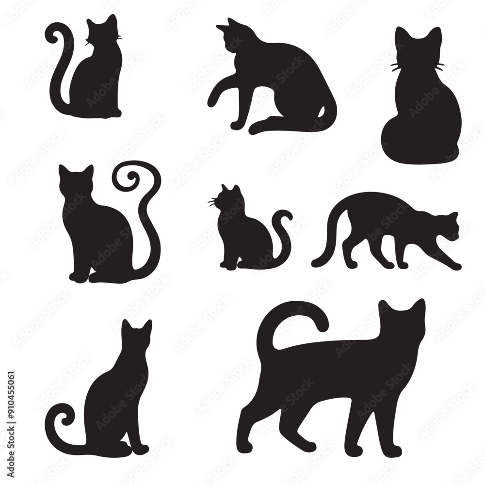 black cat silhouette set with white background black cat silhouette set with white background