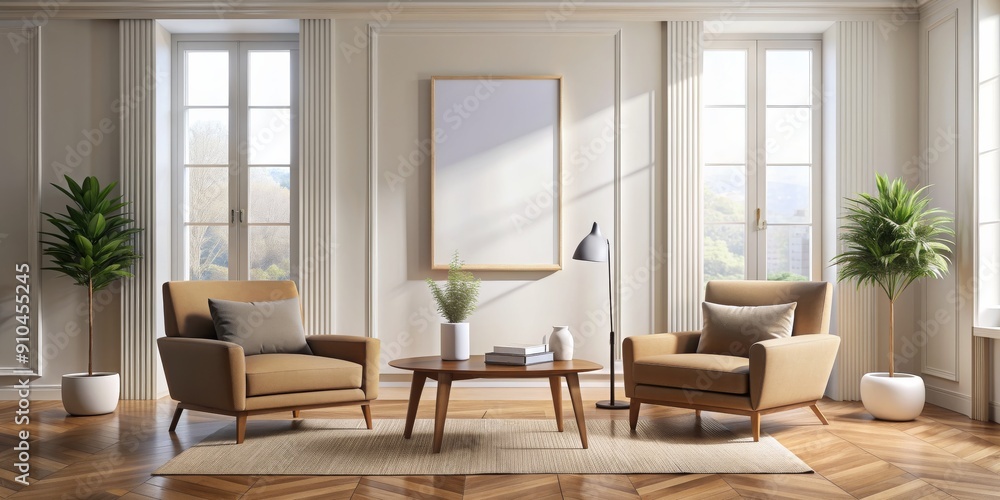Modern Living Room with Two Armchairs, Coffee Table, and Large Empty Frame, interior design, living room, furniture, mockup Modern Living Room with Two Armchairs, Coffee Table, and Large Empty Frame, interior design, living room, furniture, mockup