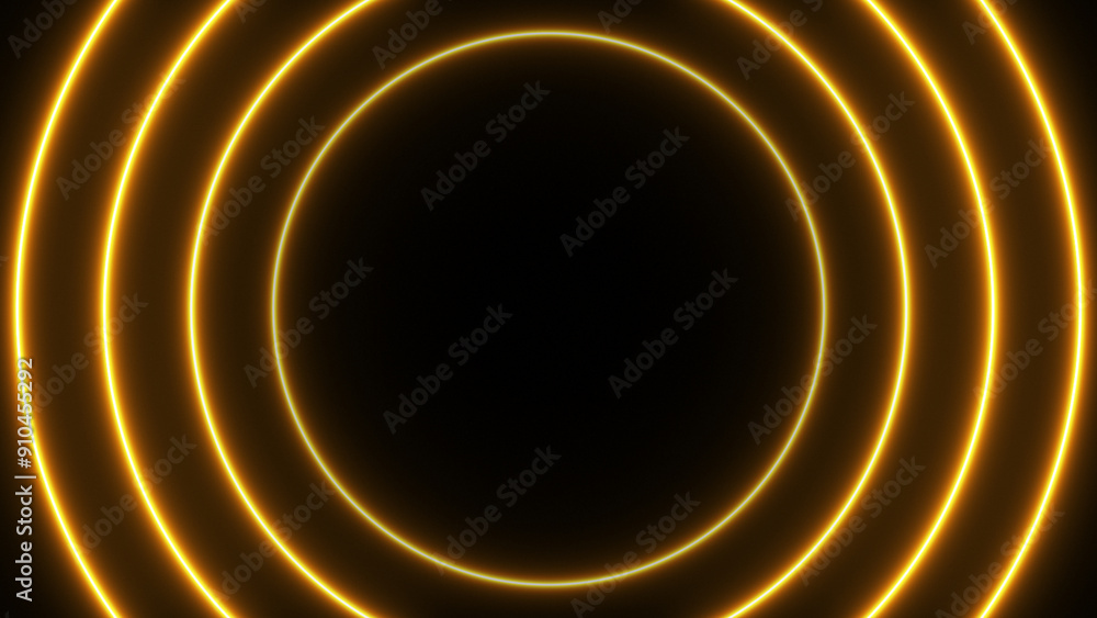 Bright glowing golden neon background. Yellow neon circles on black ...