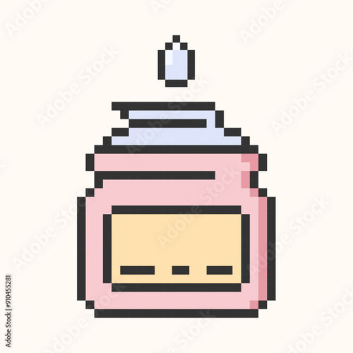 Cosmetic cream icon pixel art.Dermatology, facial, lotion, balm beauty sign.Opened with cream drop and moisturizing symbol.Vector illustration EPS 10