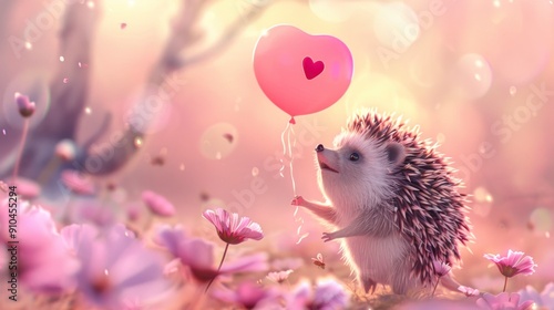 Cute Hedgehog with Heart Balloon in Flower Field