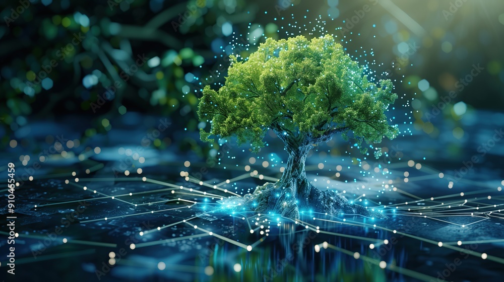 An illustration of tree growth in a digital futuristic polygonal style. An illustration of tree growth in a digital futuristic polygonal style.