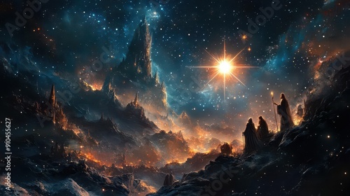 ethereal nativity scene with marvelinspired cosmic elements a radiant star guides wise men across a celestial landscape blending religious iconography with scifi aesthetics photo