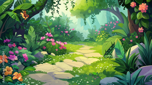 Beautiful Green Garden Cartoon Environment for Adventure Mobile Game Illustration Lush Garden Vibrant Greenery Flower Beds Garden Pathways Nature Setting Game Level Design Graphics