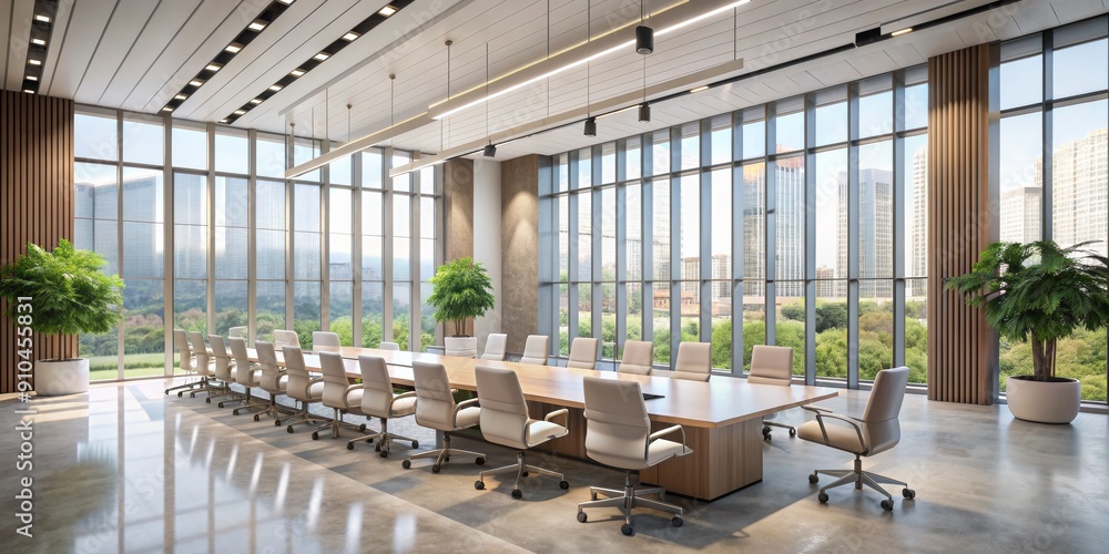 Modern Conference Room with City View, 3D Rendering, Contemporary Design, Large Windows, Concrete Floor, meeting room, office Modern Conference Room with City View, 3D Rendering, Contemporary Design, Large Windows, Concrete Floor, meeting room, office