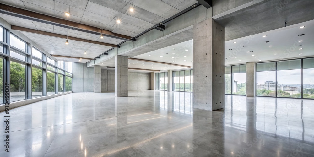 Modern Concrete Interior with Polished Floor and City View, architecture , interior design , contemporary , modern Modern Concrete Interior with Polished Floor and City View, architecture , interior design , contemporary , modern