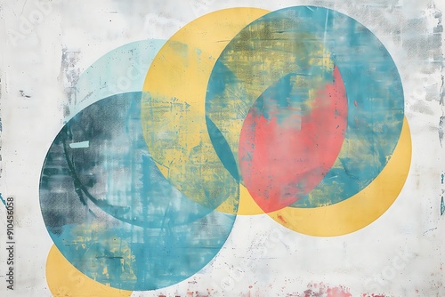  A modern abstract canvas with overlapping circles in shades of turquoise, coral, and mustard yellow, creating a playful and vibrant composition on a textured, off-white background. photo