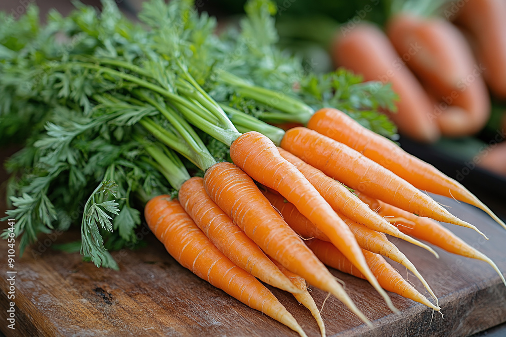 Photograph of a Bunch of Fresh Carrots with Green Tops: Emphasizing freshness. Photograph of a Bunch of Fresh Carrots with Green Tops: Emphasizing freshness.