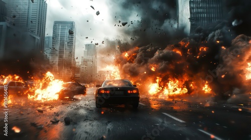 A car drives through a city street as a large explosion occurs behind it.