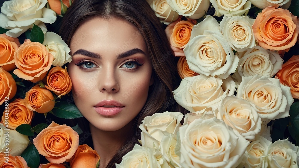 Naklejka premium A Woman Surrounded by Colorful Roses With Natural Makeup and Lush Hair in Springtime
