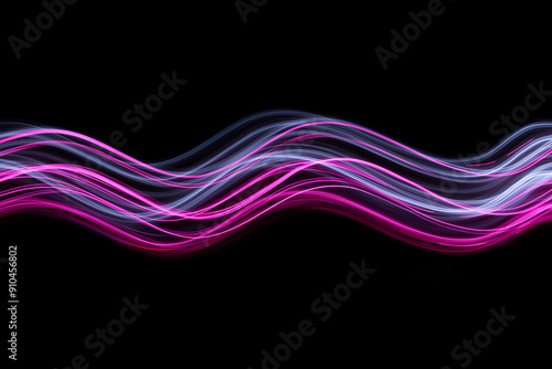 Light Painting Photography - swirly waves of neon pink and grey white light against a black background. Long exposure photograph. 