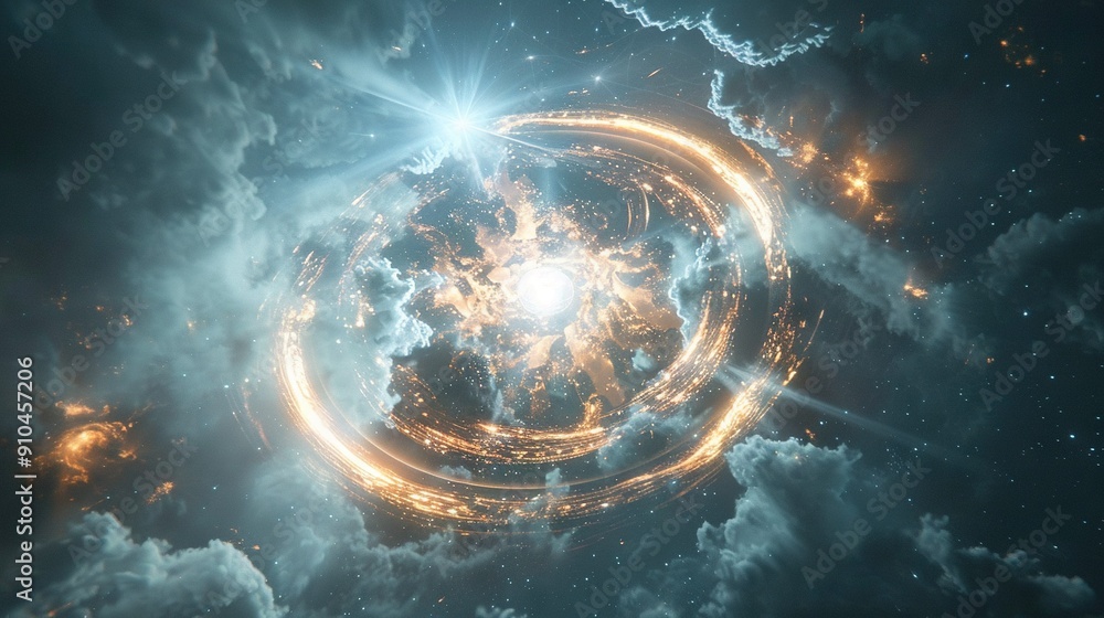 A fiery ring in the clouds, surrounded by a brilliant star at its center A fiery ring in the clouds, surrounded by a brilliant star at its center