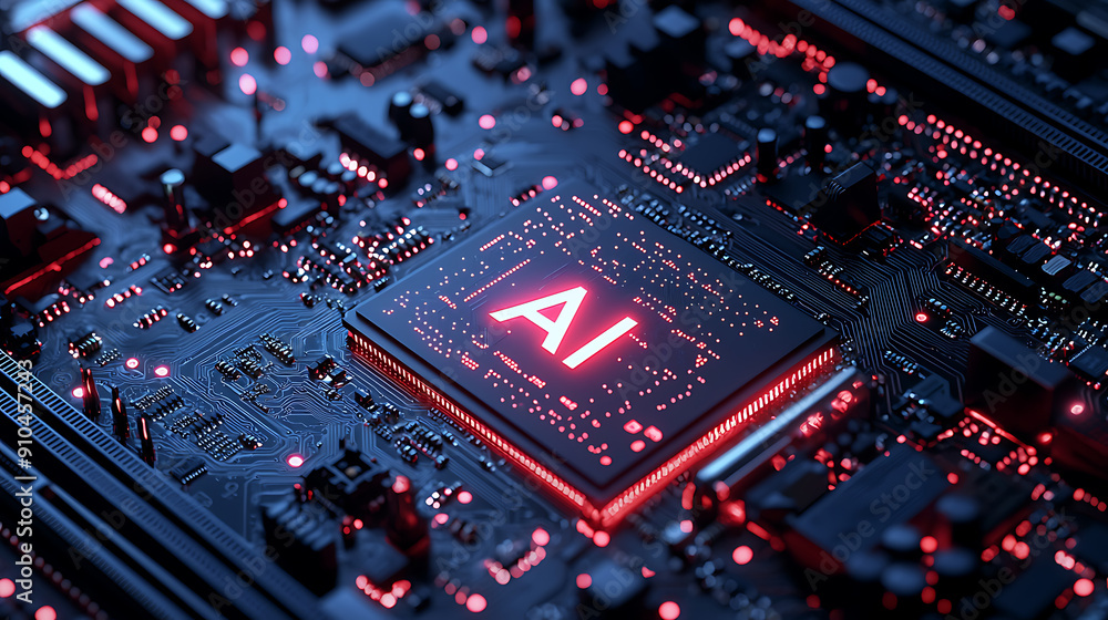 Detailed Close-Up of Modern High-Tech Motherboard with Circuitry and Components Featuring Glowing Detailed Close-Up of Modern High-Tech Motherboard with Circuitry and Components Featuring Glowing