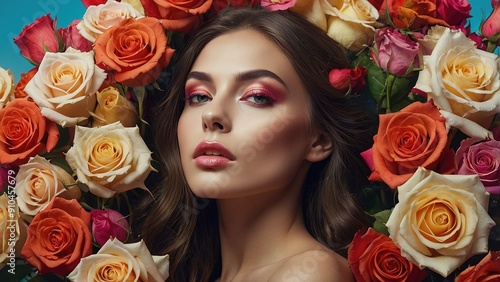 A Woman Surrounded by Colorful Roses With Natural Makeup and Lush Hair in Springtime