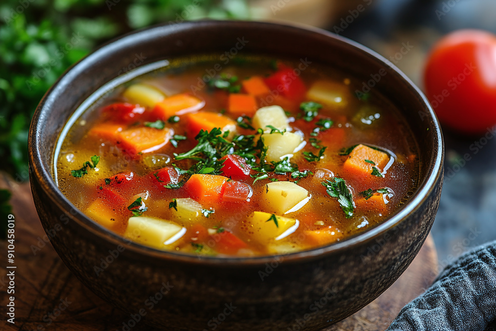 Photograph of a Vibrant Vegetable Soup in a Bowl: Emphasizing healthy meals. Photograph of a Vibrant Vegetable Soup in a Bowl: Emphasizing healthy meals.