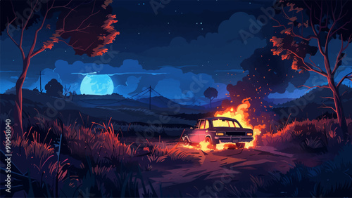 Car Burning in Middle of Field Night Cartoon Landscape Environment for Adventure Mobile Game Illustration Dark Field Vehicle Fire Night Scene Adventure Game Level Design